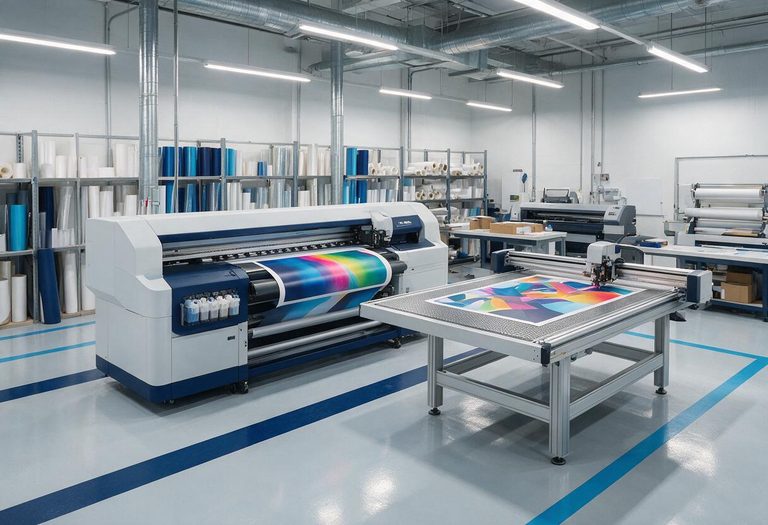 Nave de producción de gran formato con impresora y mesa de corte